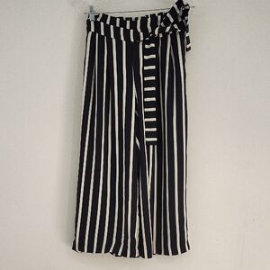 Zara Navy Blue & White Vertical Stripe Wide-Leg Pants with Tie Waist